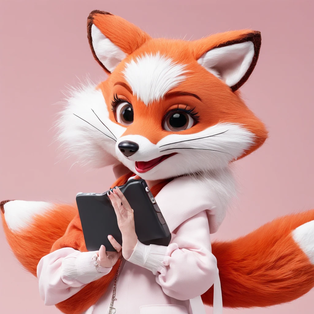 There is a picture of a fox on the phone, 3D precious moments with stuffed fox, Cute Vomo stuffed fox,, stuffed doll, plushies, Pink fox, plushies, Official product image, cute toy, disney stylized furry, High quality material BSSRDF, kids toy