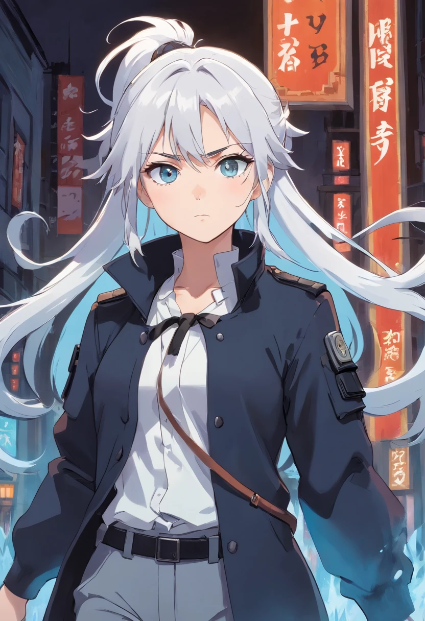 A young woman of 17 years with white hair with black details like ponytail black eyes a white apocalypse style blouse with black coat a long gray pants with a tired and angry look a relaxed posture holding a white pistol with light blue details with ice power with a scar under the eye