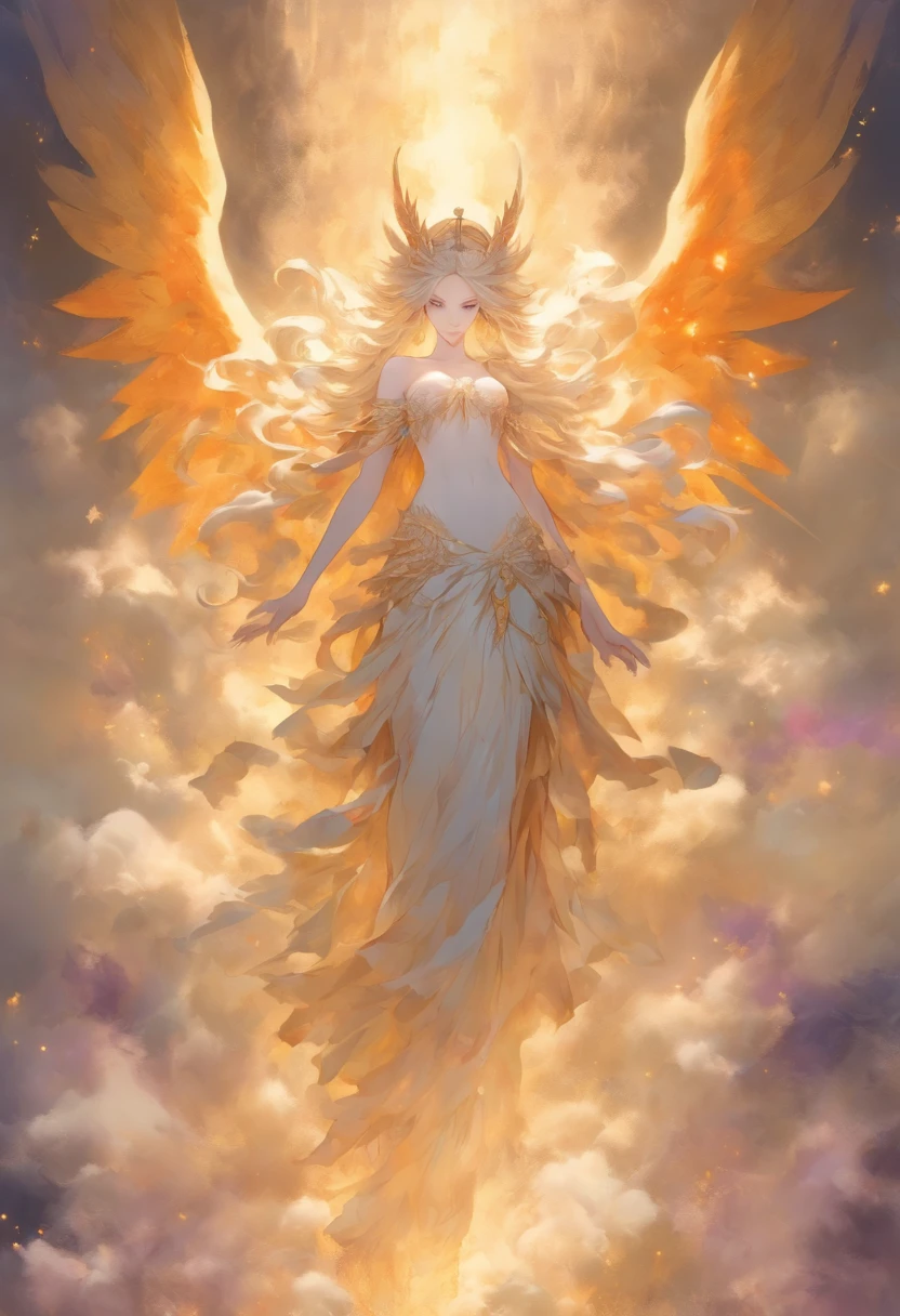 Fallen angels,Heaven and hell,Classicism-like artistic sense,Strong religious atmosphere,Parchment paper feel,Yellowed canvas background,（Light and dark transitions from top to bottom：1.5），（The top is milky white,Platinum, gold and light gray are the three colors of the main body of the picture：1.3）+（The bottom is purple,black in color,Orange-red is the three colors of the polygon body：1.3）+（The middle color is high-keyed：1.3）,hyper HD, retinas, Anatomically correct, Textured skin, Super detail, Best quality, A high resolution