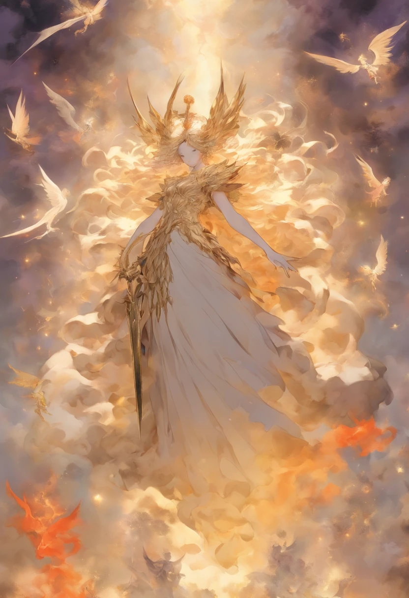 Fallen Fallen Angels,twilight,The junction of heaven and hell,Sacred and profane,Classicism-like artistic sense,Strong religious atmosphere,Parchment paper feel,Yellowed canvas background,(Light-dark transition from top to bottom:1.5),(The top is milky white,Platinum, Gold and light gray are the three colors of the main body of the picture:1.3)+(The bottom is purple,black in color,Orange-red is the three colors of the polygon body:1.3)+(The middle color is high-key:1.3),hyper HD, retinas, Anatomically correct, Textured skin, Super detail, Best quality, A high resolution