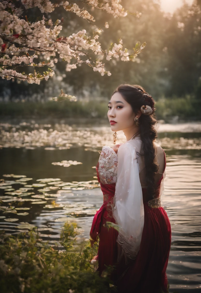 Best quality,(RAW photo:1.2),(Masterpiece:1.4),(Photorealistic:1.4),(A high resolution:1.4),
1girll, Long hair, Braid, Butterfly, Depth of field, From above,
hanami, Cherry blossoms, Lake, beautiful detailed water, Black hair, Long eyelashes,
PureErosFace_V1, Hanfu,
aespakarina,