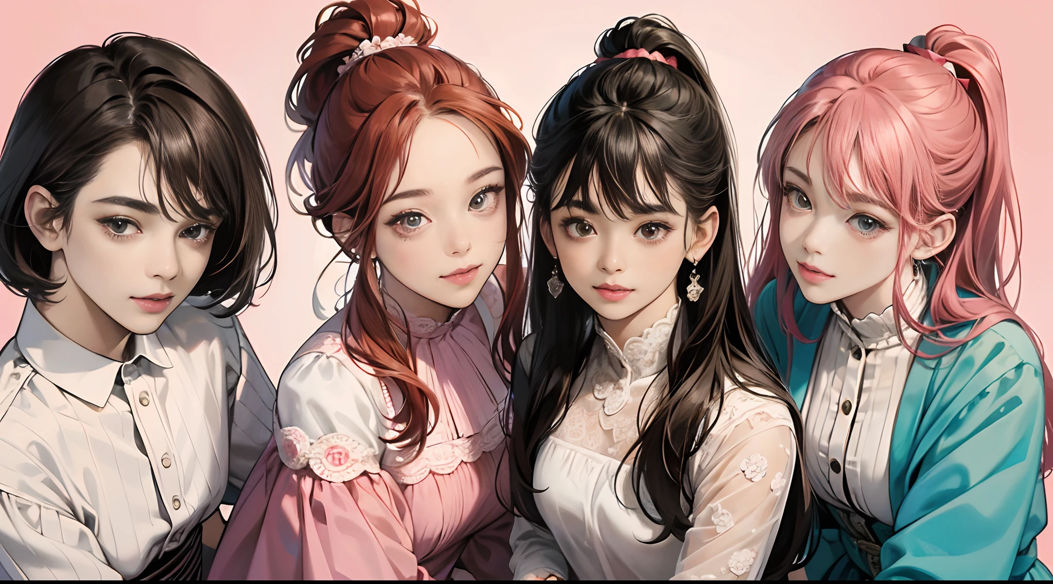 (Best Quality,4K,High resolution), Delicately expressed illustrations with realistic details，Gathering of four women＋selfee，Looking at the camera、Point the camera up，Staring at this、Smile，Red，（Long straight hair woman with red mesh black hair ），amarelo，（ Woman with brown bob hair ）cyan colors，（Woman with short hair empty hair，） pinkcolor，（ Beautiful woman in pink ponytail）Comical appearance，stage，lively and comical appearance，comic strip，animesque，Comical illustration，Cute illustrations delicately drawn in detail，Full body close-up，Looking up at the camera from above