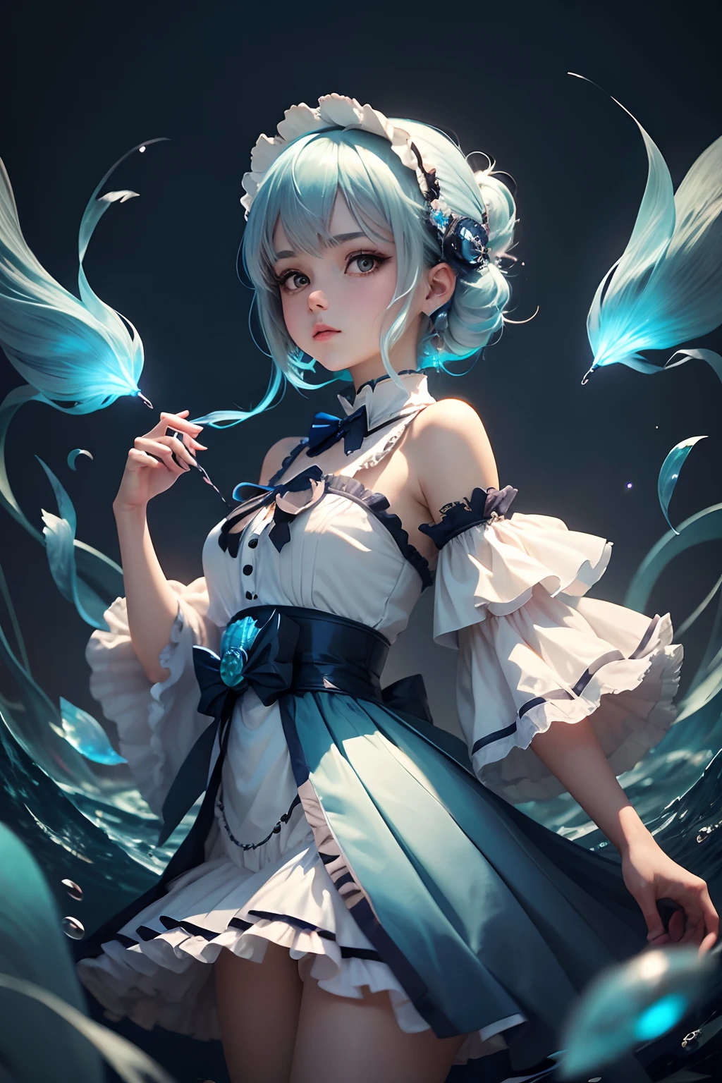 (cancer zodiac) there is a woman with grey glowing cyan hair on underwater with glowing cyan fish, spider arm attatched on back, anime girl cosplay, anime girl in real life, anime style mixed with fujifilm, portrait of magical ta girl, cute kawaii girl, anime cosplay, beautiful anime style, lolityle, anime style, cute anime girl, beautiful anime girl, artwork in the style of guweiz, night background with moon