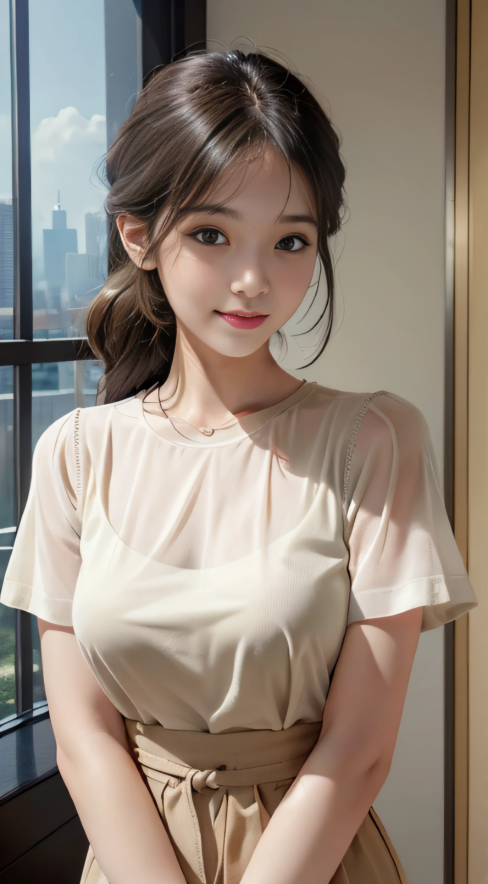 ​masterpiece、Top image quality:1.2、((beautiful young woman with))、Transparent skin:1.2、{A slight smil}、(kawaii)、Short sleeve knit、Light khaki、luxury hotel、depth of fields、Instagrammable