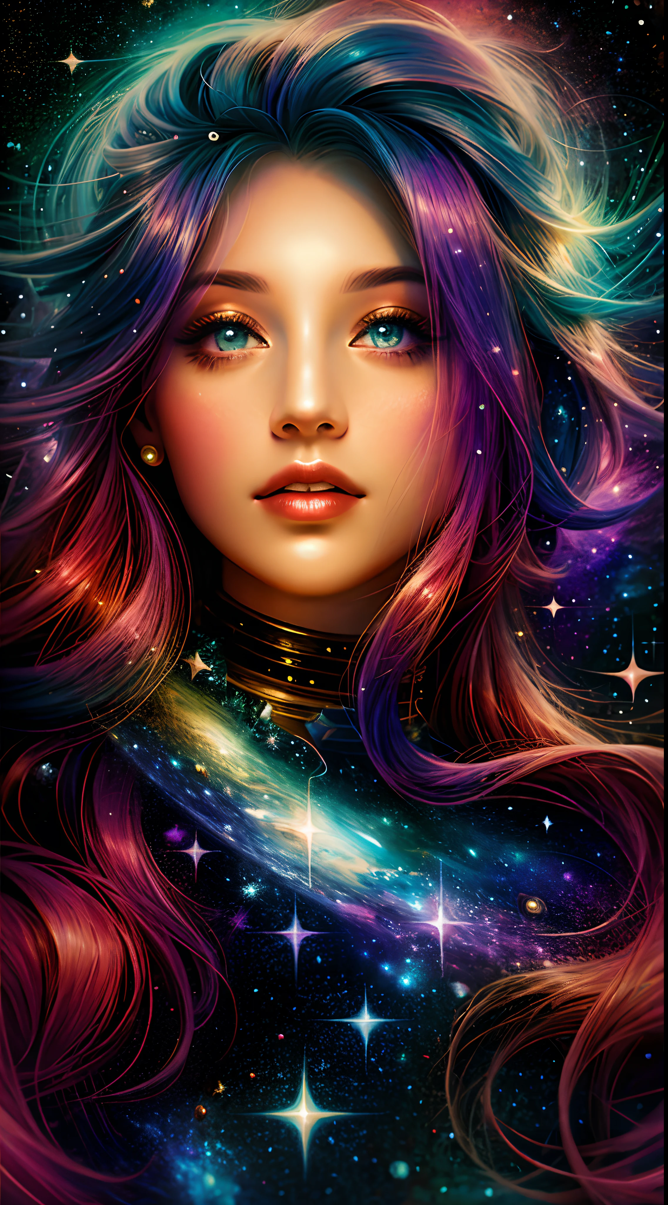 pintura de uma mulher com uma gravata e um fundo cheio de estrela, estrelas em seus olhos de olhar, imagem de arte digital, girl in space, arte digital!!, cosmic girl, No estilo de arte de Bowater, retrato de fantasia digital, pintura digital brilhante, strange portrait with galaxy, arte digital do retrato, em estilo de pintura digital, retrato da fantasia, linda arte digital linda