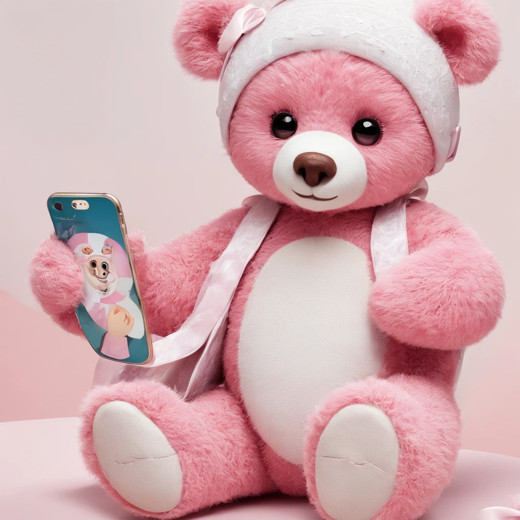 There is a picture of a bear on the phone, 3D precious moments with stuffed bears, Cute Vomo stuffed bear,, stuffed doll, plushies, Pink bear, plushies, Official product image, cute toy, disney stylized furry, High quality material BSSRDF, kids toy