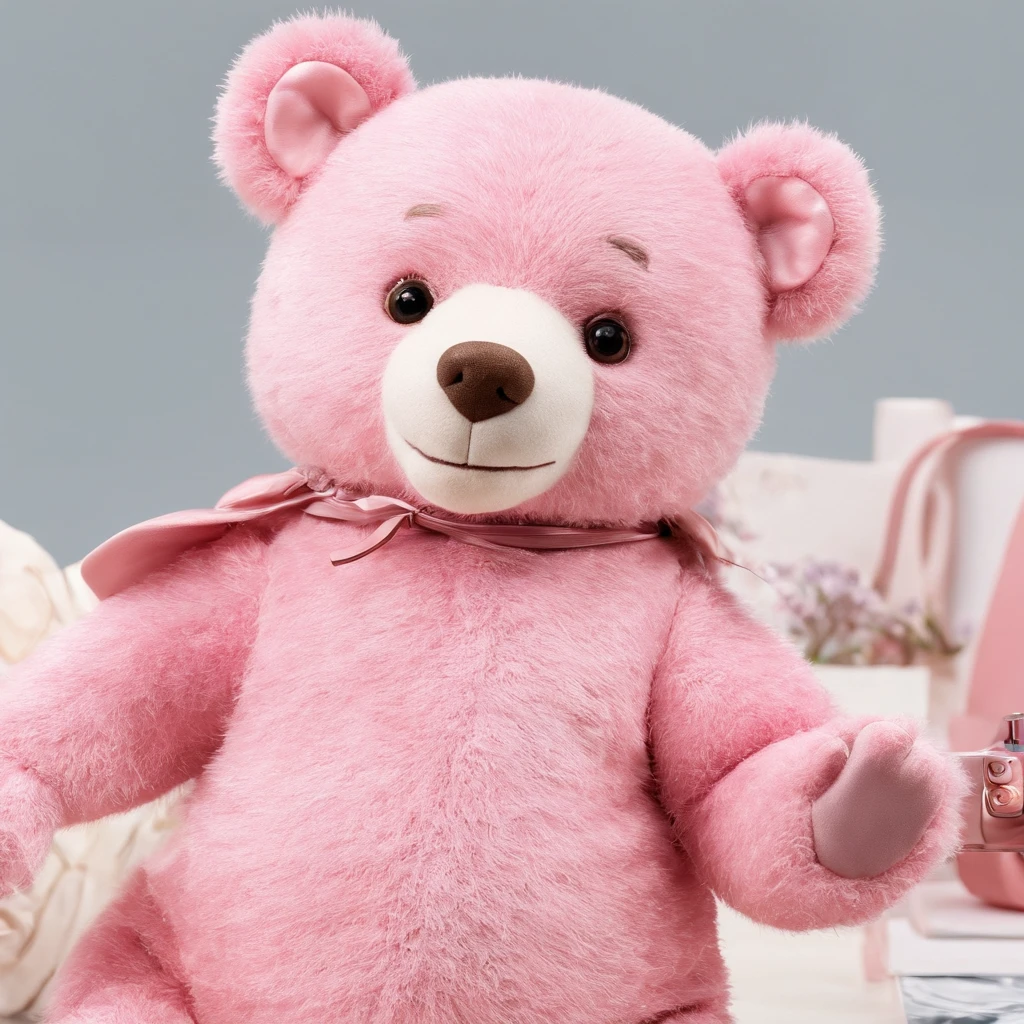 There is a picture of a bear on the phone, 3D precious moments with stuffed bears, Cute Vomo stuffed bear,, stuffed doll, plushies, Pink bear, plushies, Official product image, cute toy, disney stylized furry, High quality material BSSRDF, kids toy