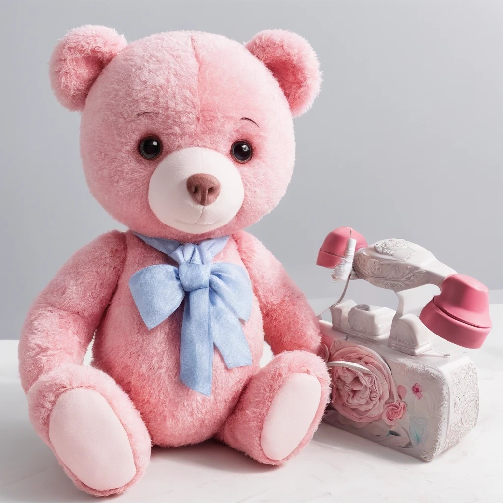 There is a picture of a bear on the phone, 3D precious moments with stuffed bears, Cute Vomo stuffed bear,, stuffed doll, plushies, Pink bear, plushies, Official product image, cute toy, disney stylized furry, High quality material BSSRDF, kids toy