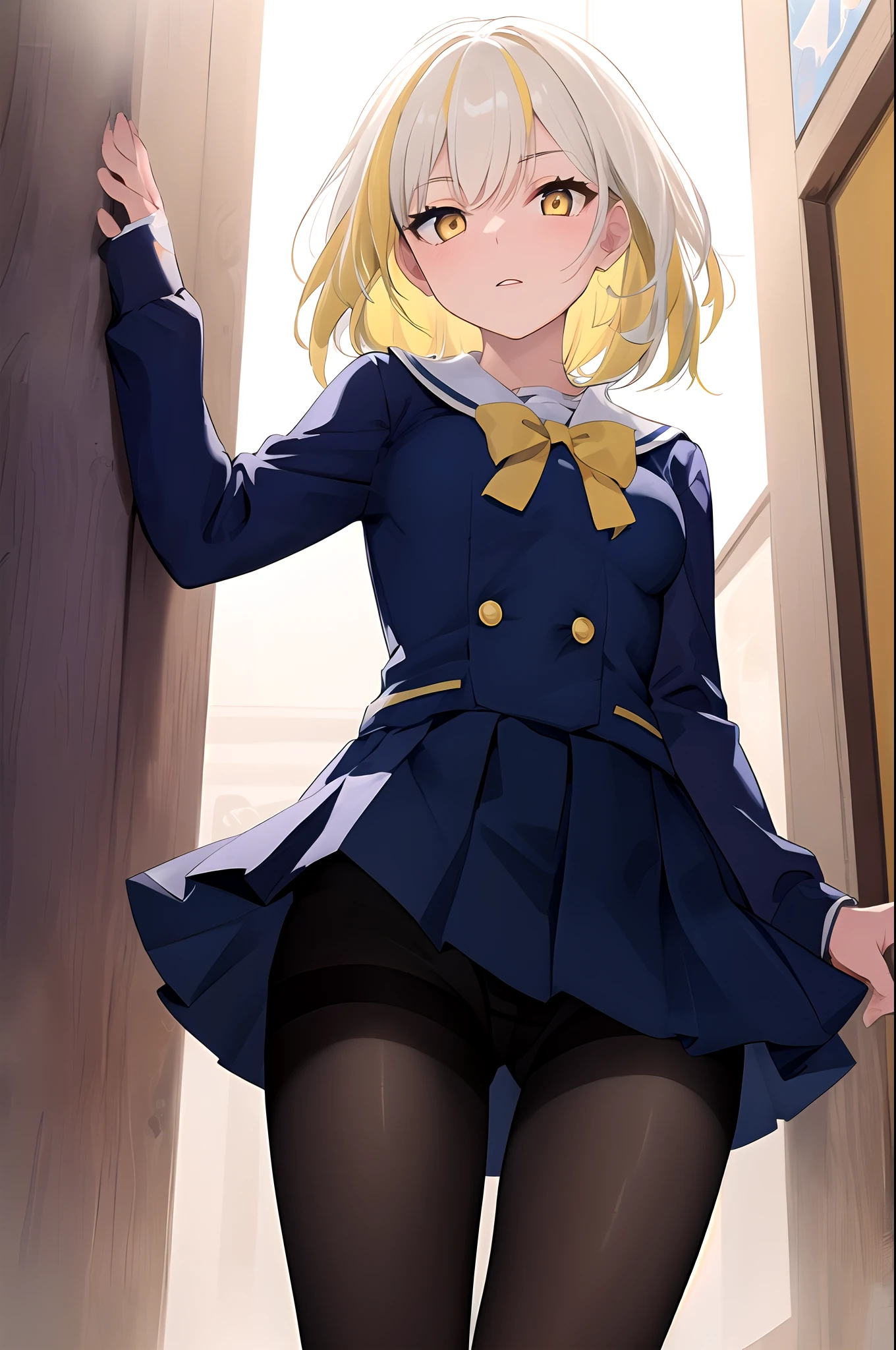 8k, masterpiece, , 1girl, yellow eyes, medium hair, messy bangs, tiny breasts, (white hair:1.3), yellow hair, (two-tone hair:1.4), dark blue school uniform, pantyhose, from below