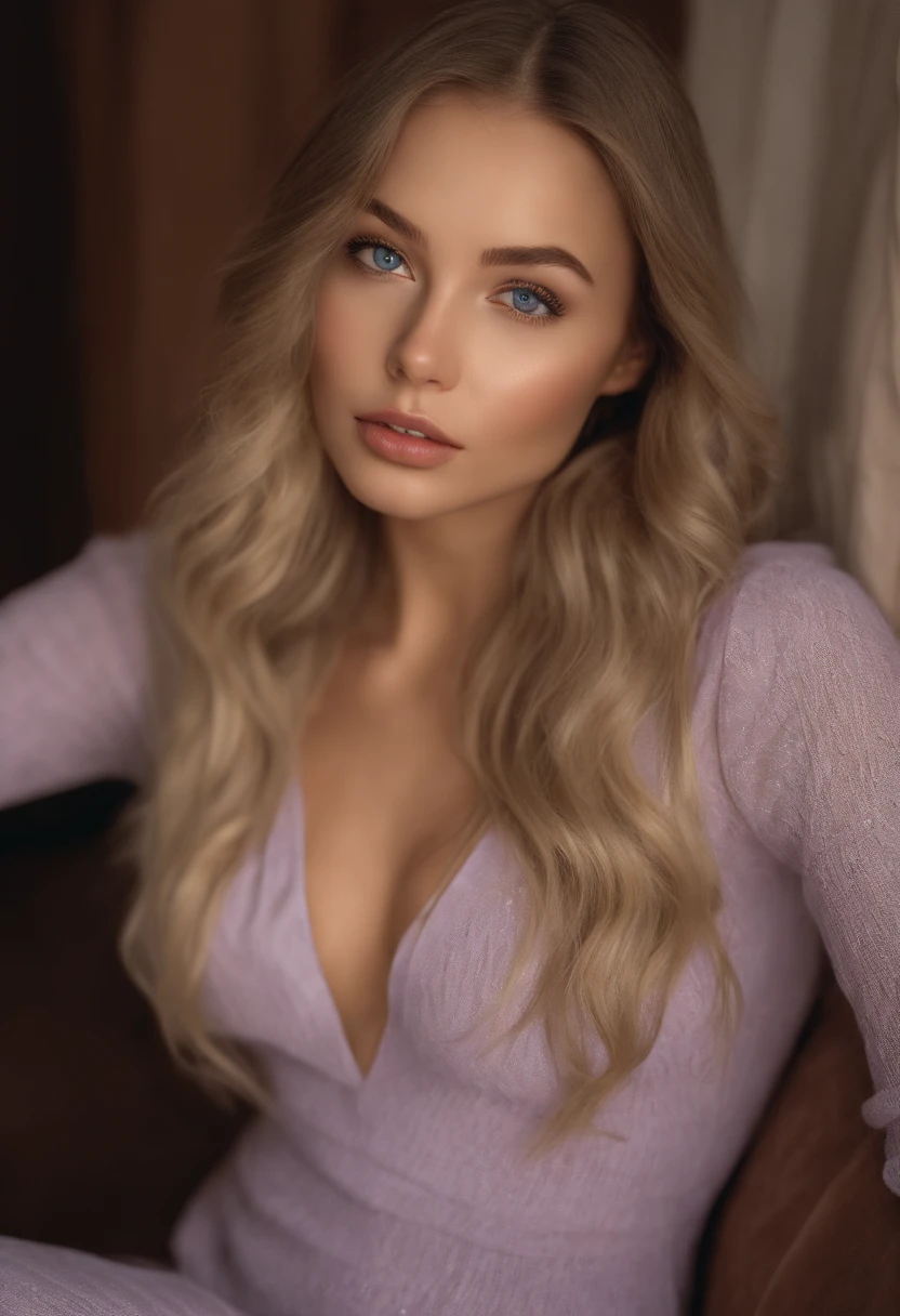 arafed woman fully , sexy girl with blue eyes, ultra realistic, meticulously detailed, portrait sophie mudd, blonde hair and large eyes, selfie of a young woman, bedroom eyes, violet myers, without makeup, natural makeup, looking directly at the camera, face with artgram, subtle makeup, stunning full body shot kneeling on bed, in bedroom, medium to large size bust; ; ;naked