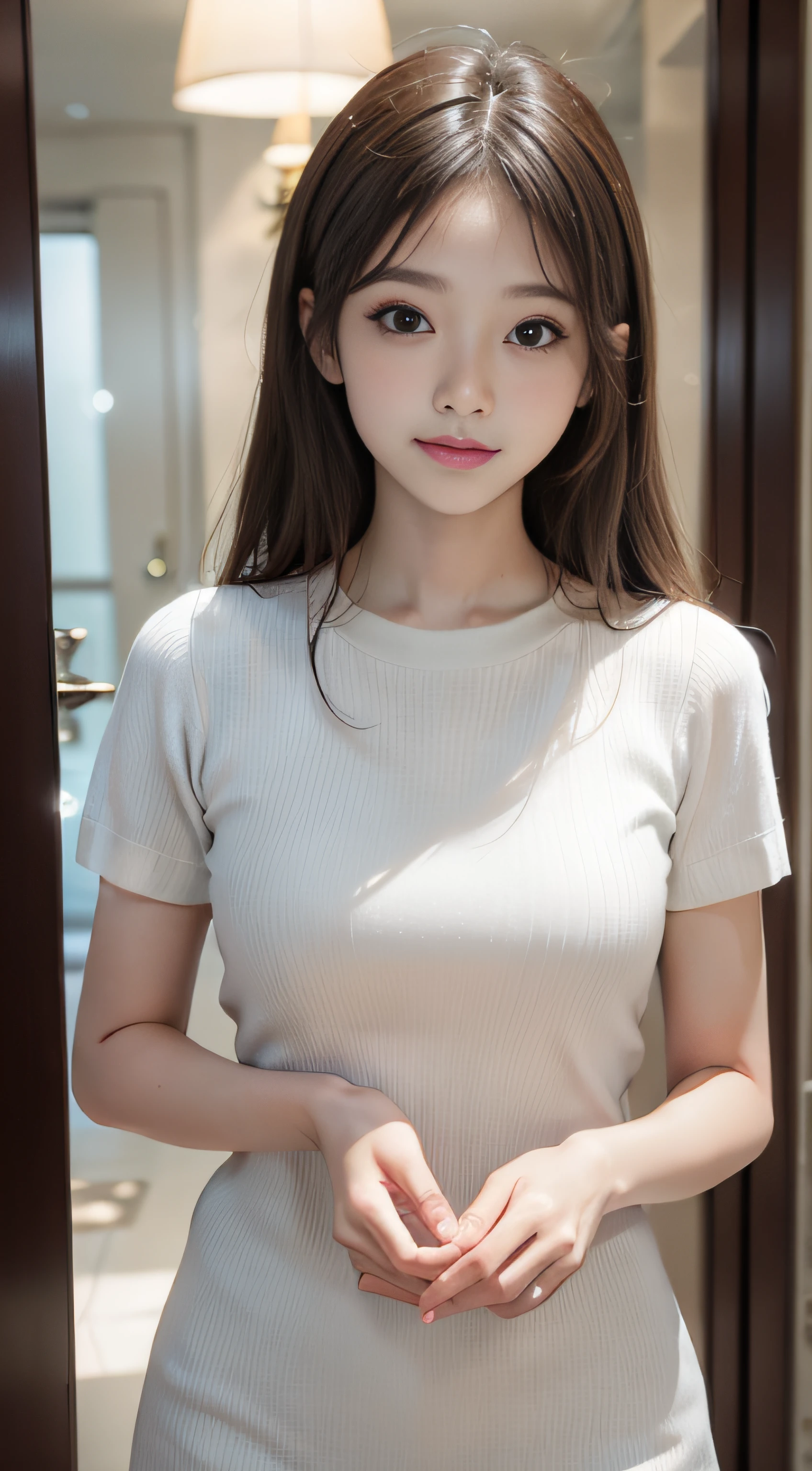 (8K, highest quality, masterpiece:1.2), (Realistic, Photorealistic:1.37),((whole body:1.5)) Ultra-detailed, One Girl, cute, solo, office,Dim,,((Cheek resting on hand)),((Small breasts)), (Nose blush), (Laughter:1.3), Beautiful and fine details, (Hair length: 1.2), Floating Hair NovaFrogStyle, Light off-white short-sleeve top