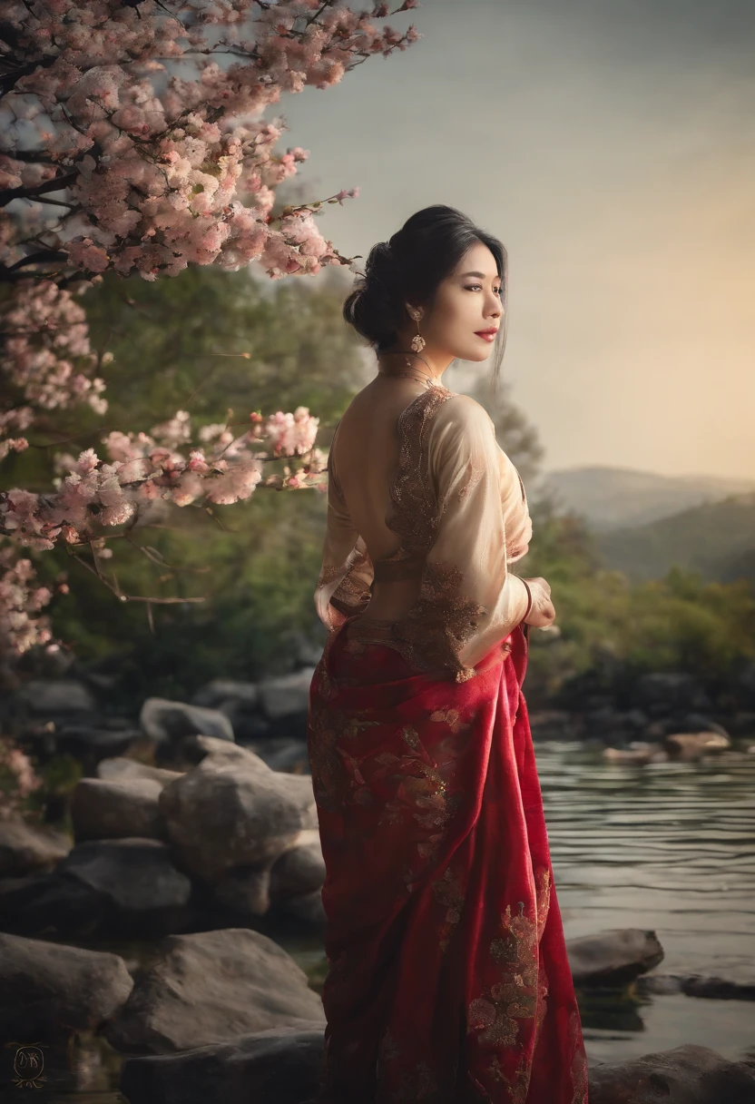 A woman in a red dress standing next to a body of water - SeaArt AI