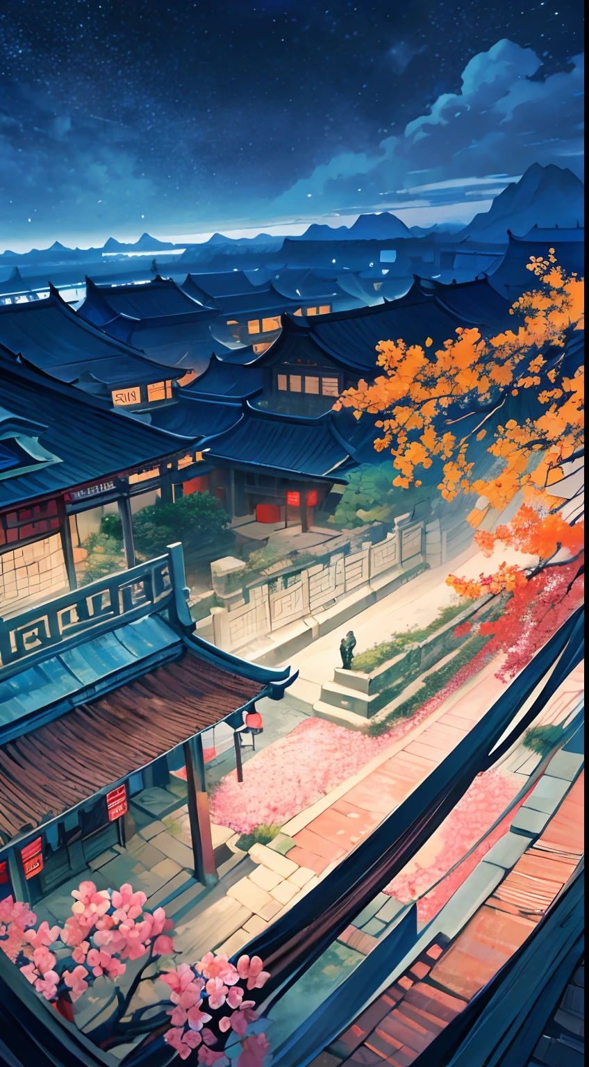 Official Art, Ancient Chinese Landscapes, (Streets), (Birds Flying in the Sky), (Flowers), Beautiful Landscapes, Masterpieces, High Quality, Exquisite Graphics, High Detail, Epic Landscapes, Colorful, Intricate Details, Ultra Low Viewing Angle, Wide Angle Lens