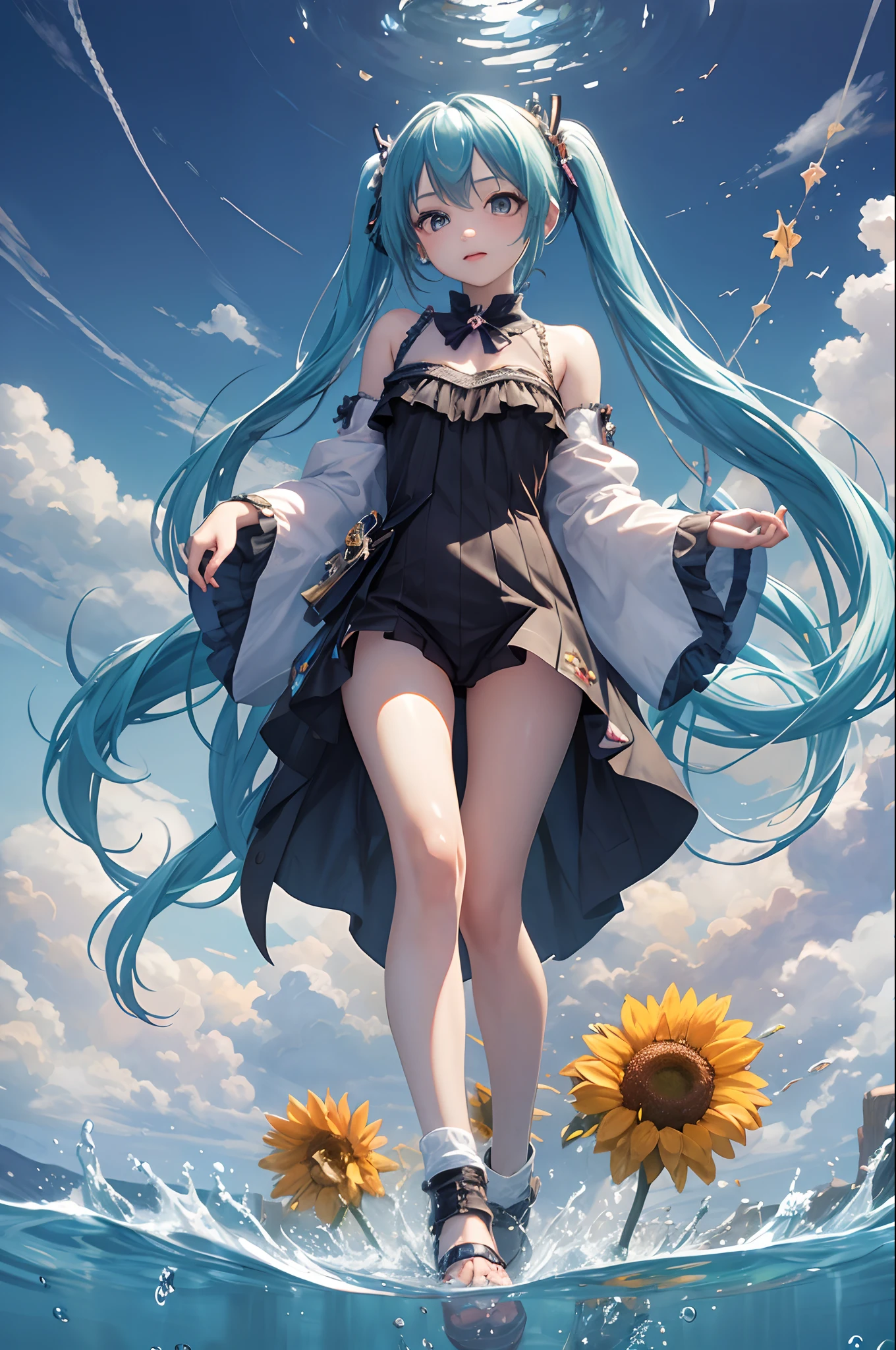 (masterpiece、top-quality、Official art:1.2)、(colourfull)、miku hatsune、see the beholder、1girl in、portlate、独奏、Colorful water levitation