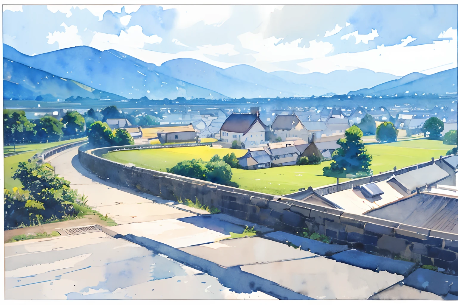 ((masutepiece)), (Professional Photography:1.2), (High Definition:1.3), Best Quality, (watercolor painting:1.3), from side, wide shot, (simple white background:1.10), pale blue fine ink splashing, rural area, townscape, landscape