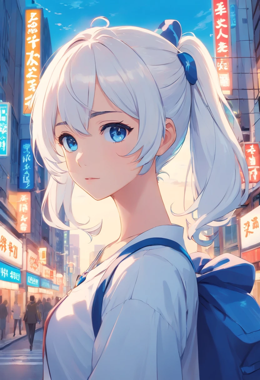 White color hair,Double ponytail curls,blue color eyes,White ta,Beth,A bustling city street