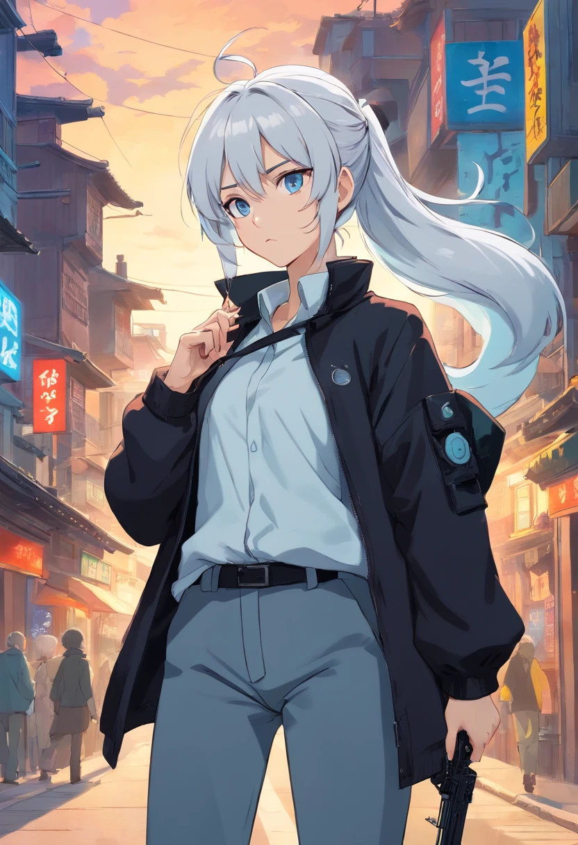 A young woman of  with white hair with black details like ponytail black eyes a white apocalypse style blouse with black coat a long gray pants with a tired and angry look a relaxed posture holding a white pistol with light blue details with ice power, uma cicatriz em baixo dos olhos