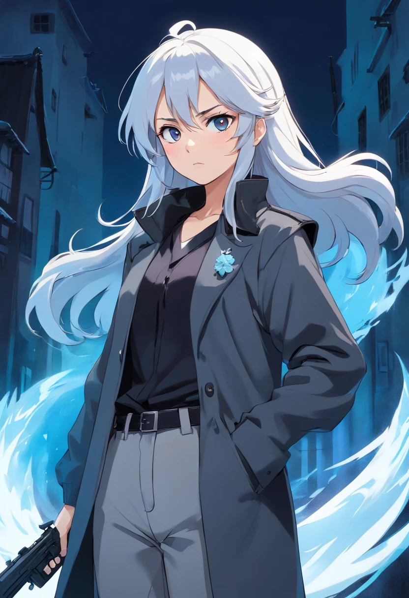 A young woman of with white hair with black details like ponytail black eyes a white apocalypse style blouse with black coat a long gray pants with a tired and angry look a relaxed posture holding a white pistol with light blue details with ice power, uma cicatriz em baixo dos olhos