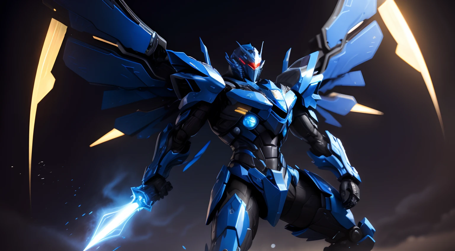 Blue mech（It has a golden sheen），It is equipped with an electromagnetic cannon and a laser gun，Holding a magic crystal tomahawk。There are three pairs of wings，The whole body is covered with nanocomposite armor。