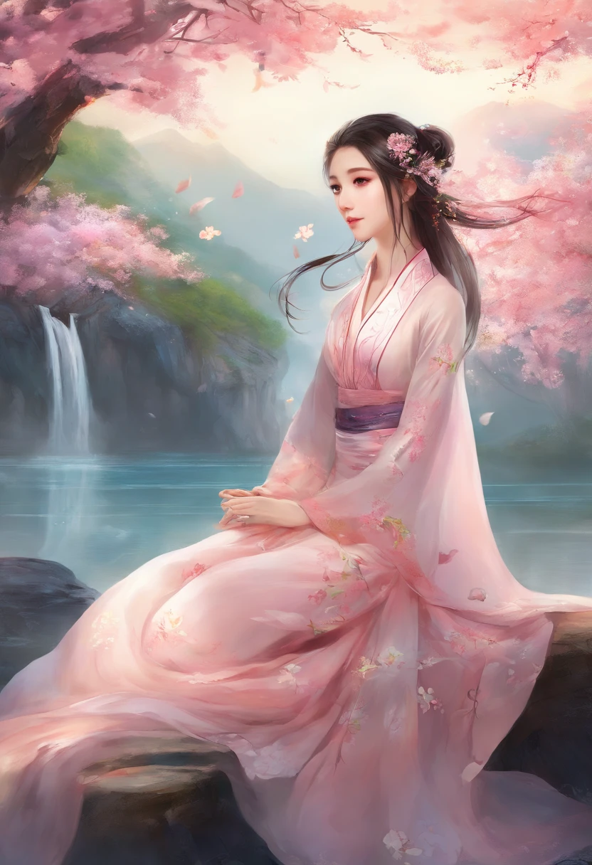 Best quality,(RAW photo:1.2),(Masterpiece:1.4),(Photorealistic:1.4),(A high resolution:1.4),
1girll, Long hair, Braid, Butterfly, Depth of field, From above,
hanami, Cherry blossoms, Lake, beautiful detailed  water, Black hair, Long eyelashes, 
 PureErosFace_V1, Hanfu,
 aespakarina,