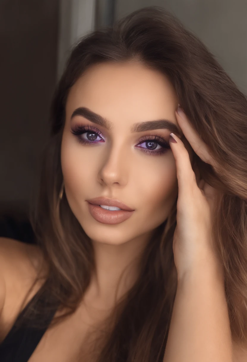 Arafed woman with matching tank top and panties, fille sexy aux yeux bruns, Portrait Sophie Mudd, cheveux bruns et grands yeux, selfie of a young woman, Yeux de chambre, Violet Myers, sans maquillage, maquillage naturel, looking straight at camera, Visage avec Artgram, Maquillage subtil, Superbe photo du corps entier, En fonction, clivage , latina