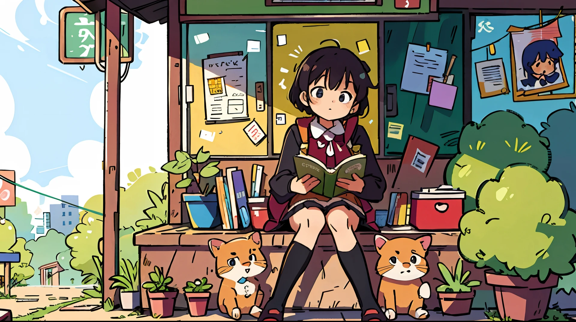 Anime girl sitting at a bus stop and reading a book