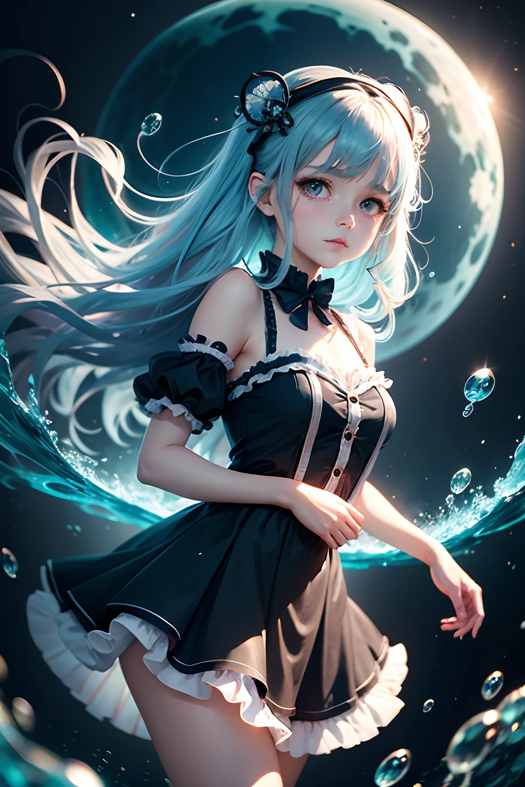 (cancer zodiac) there is a woman with grey glowing cyan hair on underwater with glowing cyan fish, in tears, wet hair, wet dress,  crying, girl in tearsspider arm attatched on back, anime girl cosplay, anime girl in real life, anime style mixed with fujifilm, portrait of magical lolita girl, cute kawaii girl, anime cosplay, beautiful anime style, lolita style, anime style, cute anime girl, beautiful anime girl, artwork in the style of guweiz, night background with moon