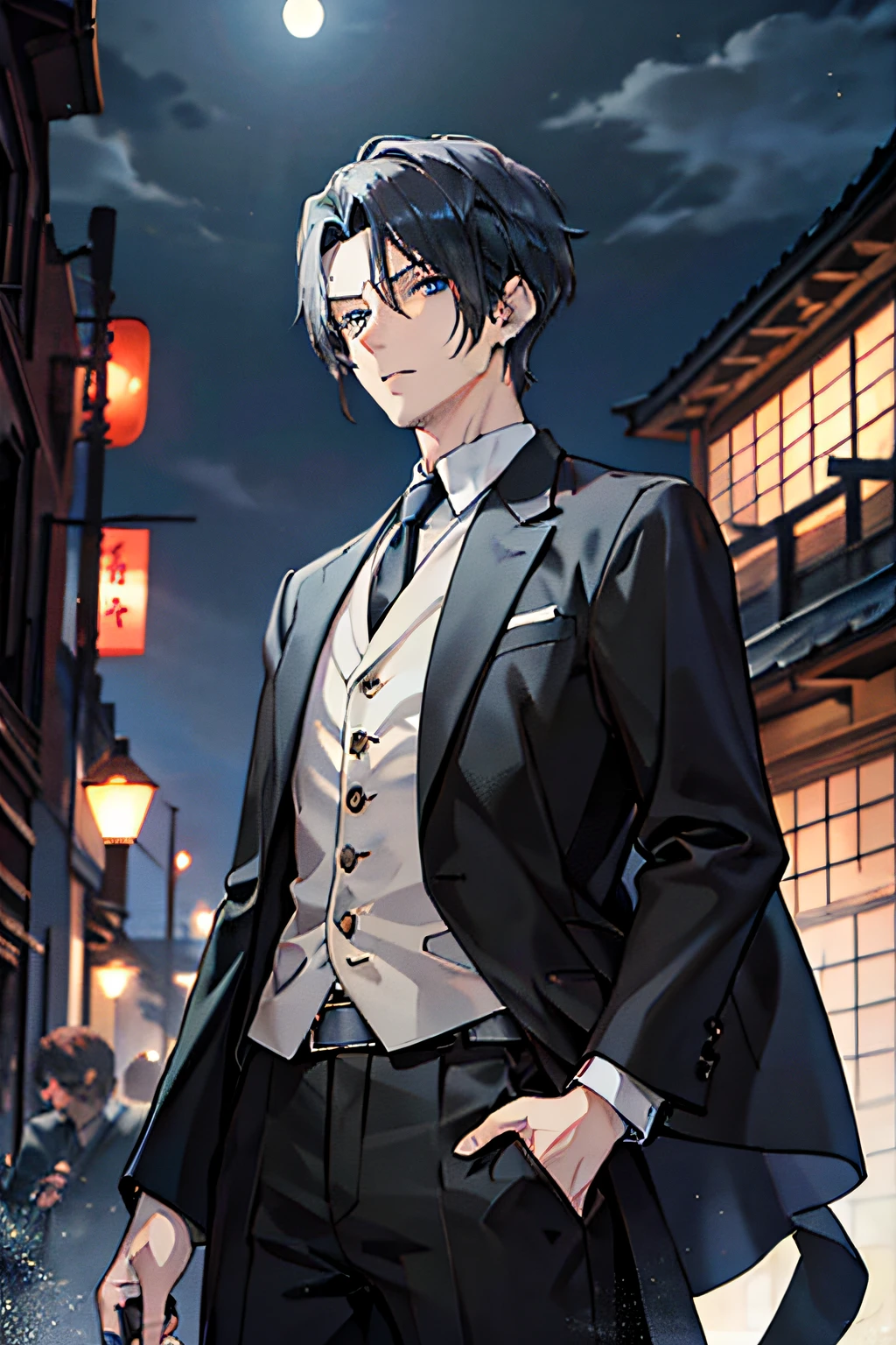 Official art illustration,solo,Antique handsome guy,handsome,Writer,black color hair,Blue eyes,Floating hair,Grim expression,Asymmetrical hairstyle,Elaborate Eyes,syuro,Wearing a Japanese-style Showa men's suit,Nostalgic suits,Gorgeous accessories,Wearing red earrings,Showa period,On the streets of the Showa era,fov,f/1.8,tmasterpiece,the night,Side lighting,Moonlight shines on people,8K,Hazy