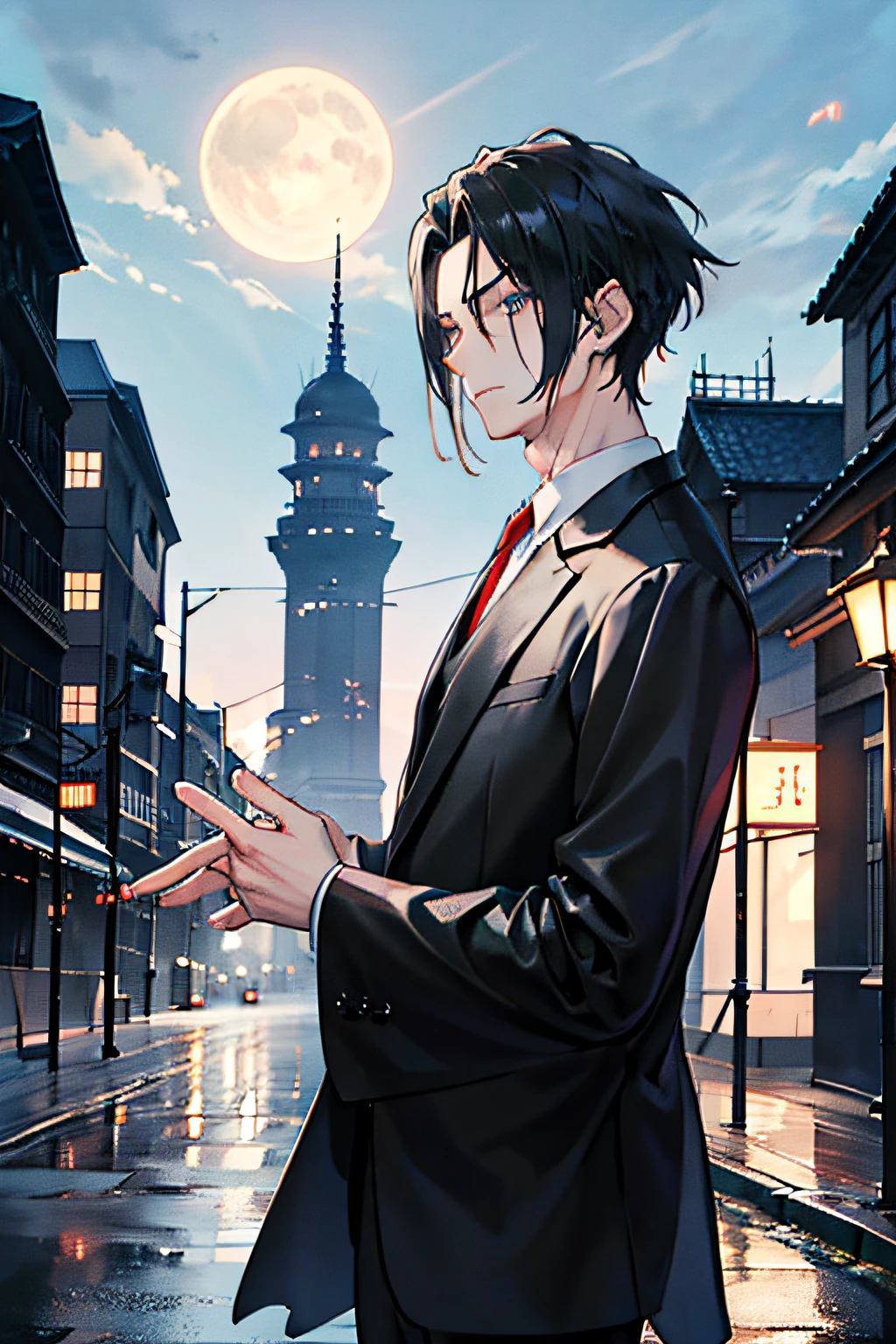 Official art illustration,solo,Antique handsome guy,handsome,Writer,black color hair,Blue eyes,Floating hair,Grim expression,Asymmetrical hairstyle,Elaborate Eyes,syuro,Wearing a Japanese-style Showa men's suit,Nostalgic suits,Gorgeous accessories,Wearing red earrings,Showa period,On the streets of the Showa era,fov,f/1.8,tmasterpiece,the night,Side lighting,Moonlight shines on people,8K,Hazy