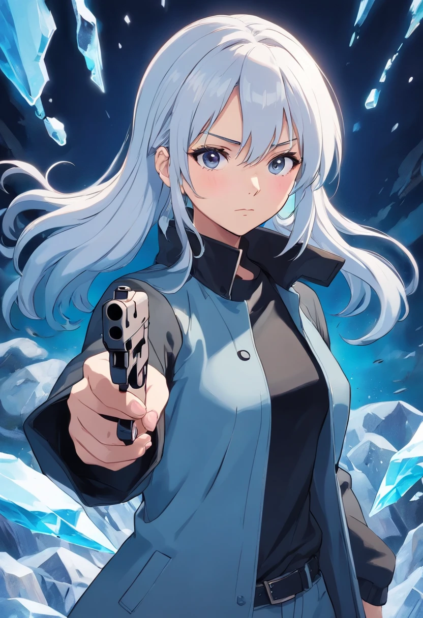 A young woman of 17 years with white hair with black details like ponytail black eyes a white apocalypse style blouse with black coat a long gray pants with a tired and angry look a relaxed posture holding a white pistol with light blue details with ice power, uma cicatriz no rosto em baixo dos olhos