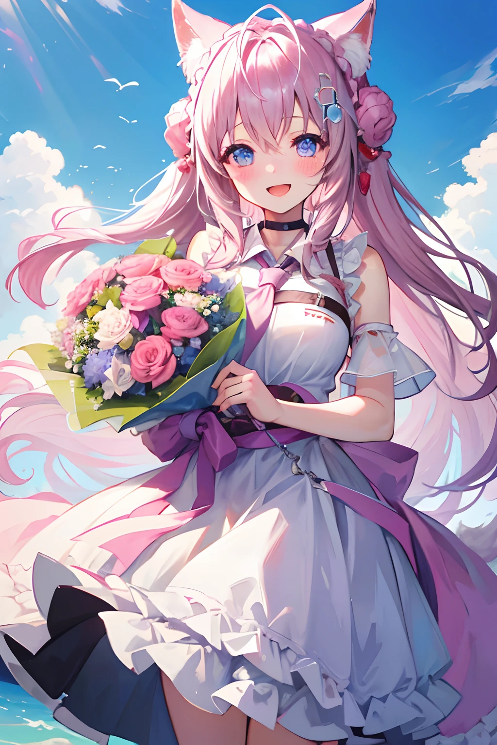 One girl、Pink hair、PastelColors、Cute、blush, tiny chest, celebration, long dress, colorful confetti, smile