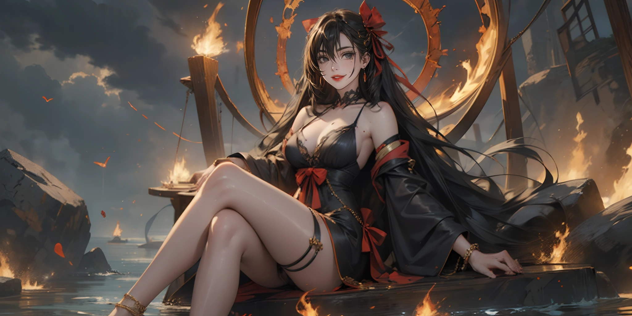 fire, jewelry, 1girl, breasts, black_hair, long_hair, sitting, barefoot, cleavage, mole, hair_ornament, anklet, large_breasts, bracelet, very_long_hair, smile, water, bare_shoulders, looking_at_viewer, detached_sleeves, sky, wide_sleeves, dress, cloud, bangs, feet, makeup, crossed_legs, ribbon, earrings, lips, burning, solo, black_dress, mole_under_mouth, outdoors, flame, blue_eyes, magic, thighs, blunt_bangs, hair_ribbon, mole_on_breast, legs, red_ribbon, full_body, mole_under_eye, lipstick, bare_legs