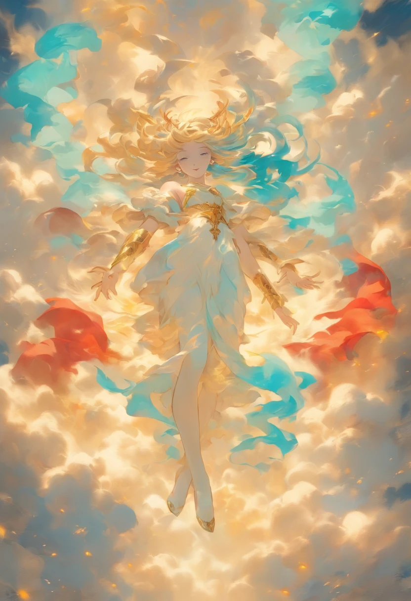 style of league of legends,Woman in off-the-shoulder clothes,Flying life-size colorful long hair,Serious expressions,Complex clothing,Beautiful patterns are engraved on clothes,Fair thighs exposed,Wear White Tights,The long skirt swayed in the wind,