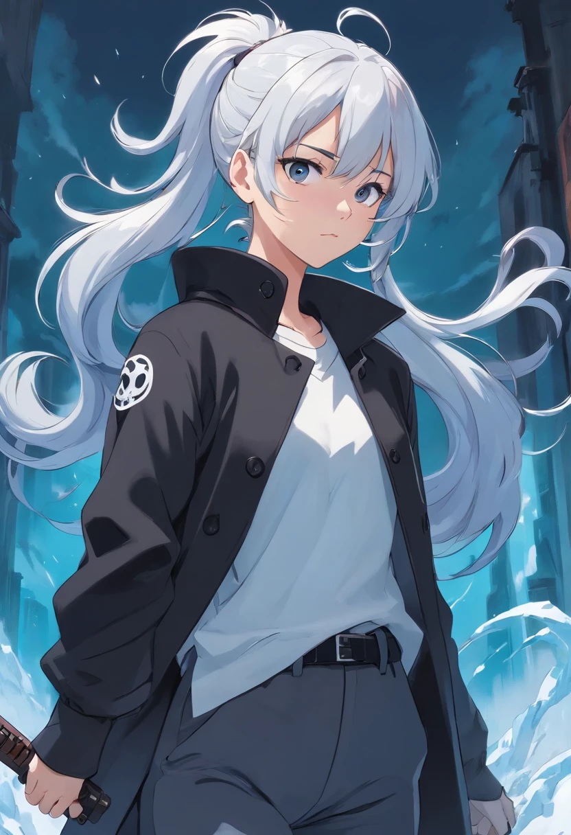 A young woman of with white hair with black details like ponytail black eyes a white apocalypse style blouse with black coat a long gray pants with tired and angry look with a scar on the face a relaxed posture holding a white pistol with light blue details with ice power