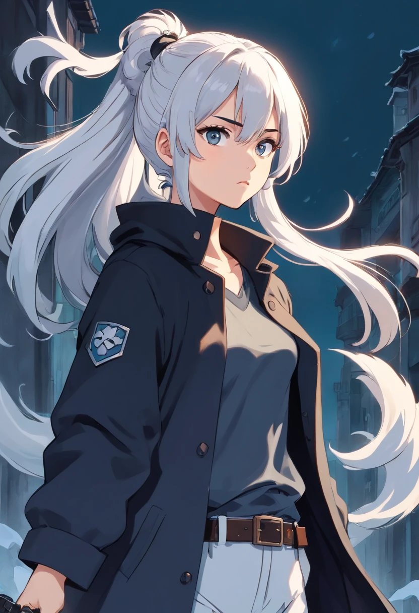 A young woman of with white hair with black details like ponytail black eyes a white apocalypse style blouse with black coat a long gray pants with tired and angry look with a scar on the face a relaxed posture holding a white pistol with light blue details with ice power