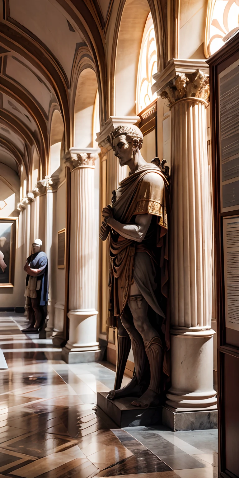 realisticlying、Vast hall of the Museum of Rome in Italy、Lined with humanoid sculptures of the Roman Empire