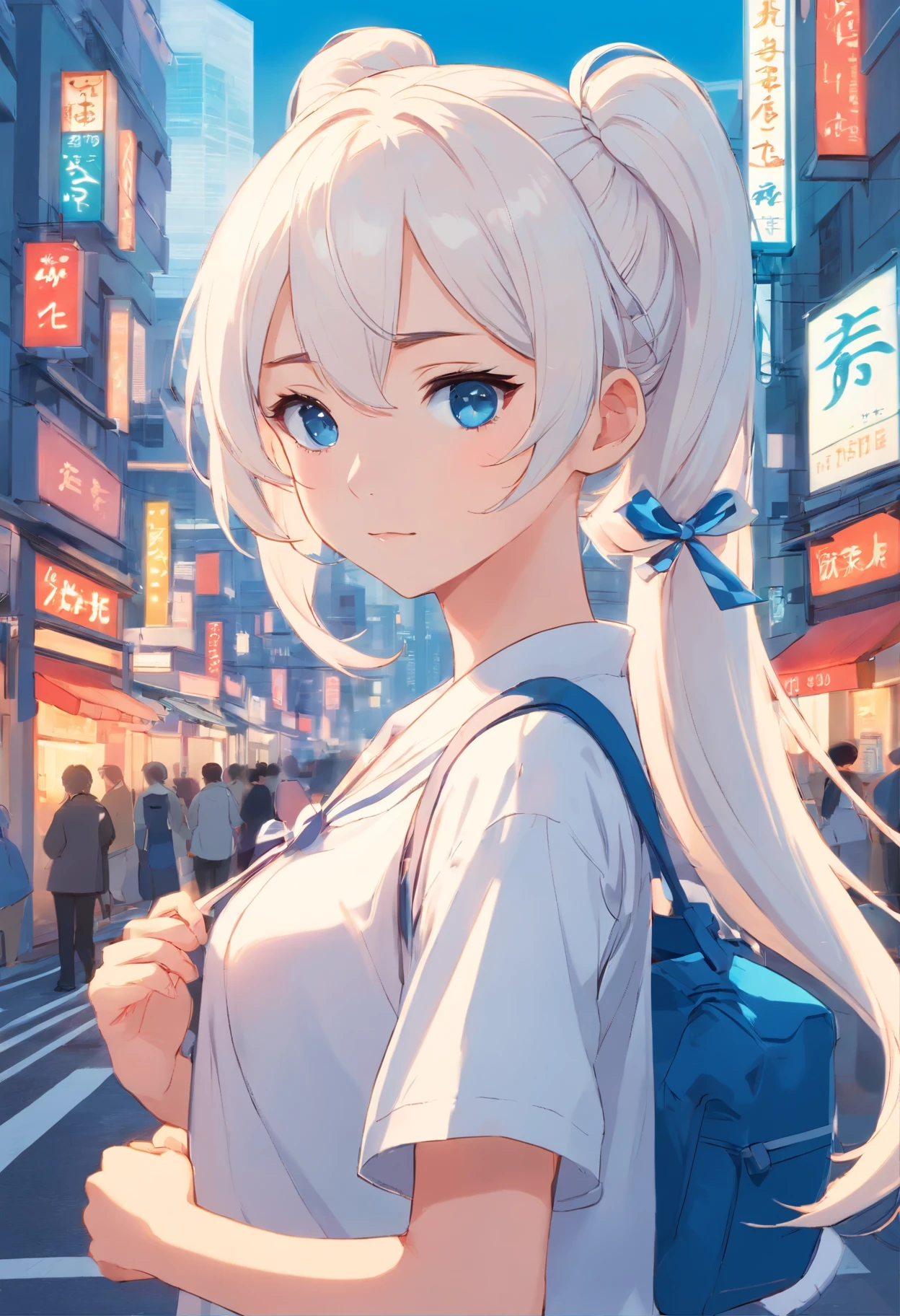 White color hair,Double ponytail curls,blue color eyes,White ta,Beth,A bustling city street