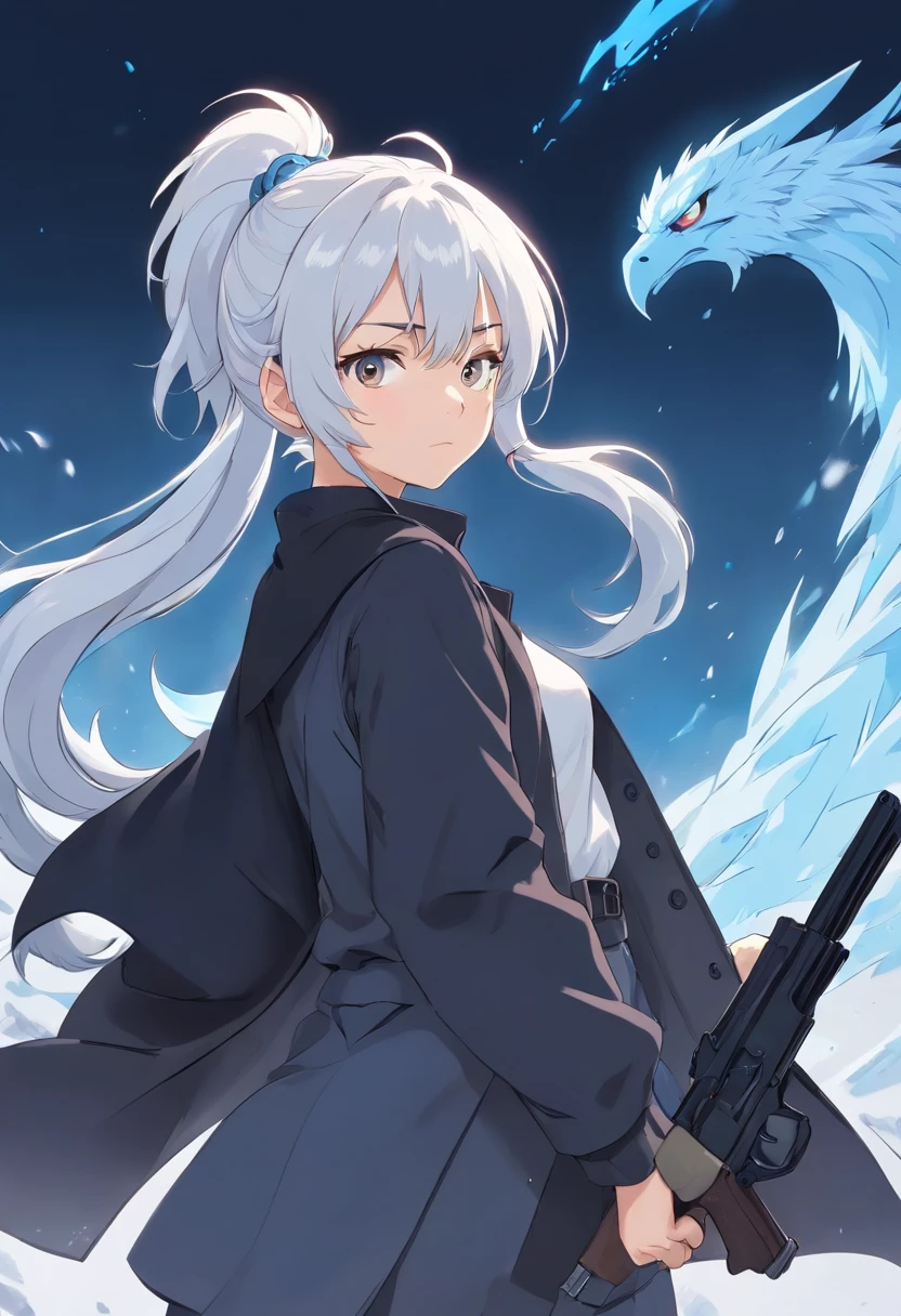 A young woman of 17 years with white hair with black details like ponytail black eyes a white apocalypse style blouse with black coat a long gray pants with tired and angry look with a scar on the face a relaxed posture holding a white desert eagle pistol with light blue details with ice power