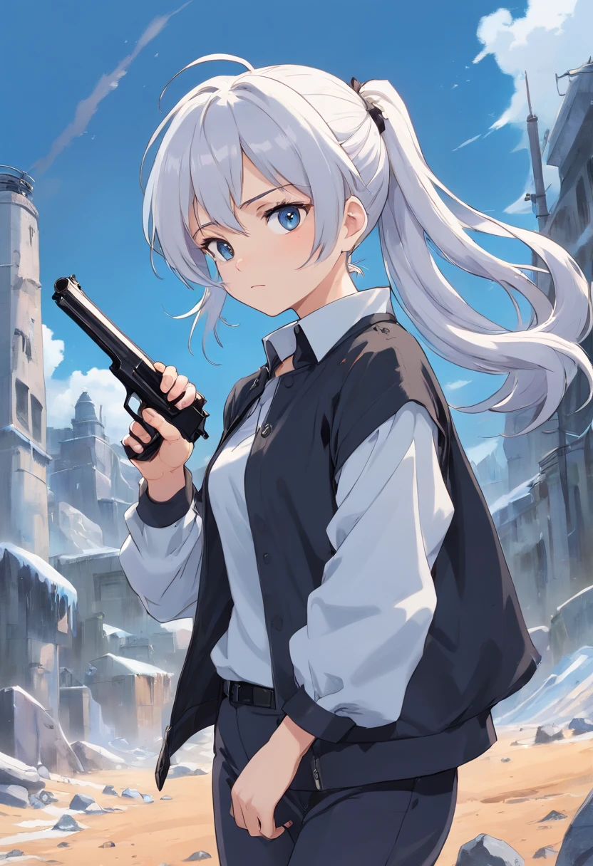 A young woman of 17 years with white hair with black details like ponytail black eyes a white apocalypse style blouse with black coat a long gray pants with tired and angry look with a scar on the face a relaxed posture holding a white desert eagle pistol with light blue details with ice power