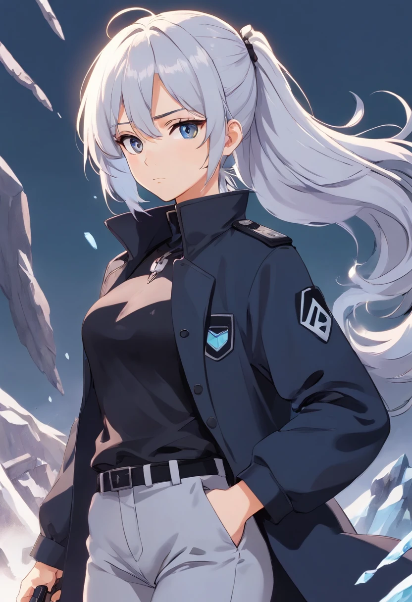 A young woman of 17 years with white hair with black details like ponytail black eyes a white apocalypse style blouse with black coat a long gray pants with tired and angry look with a scar on the face a relaxed posture holding a white desert eagle pistol with light blue details with ice power