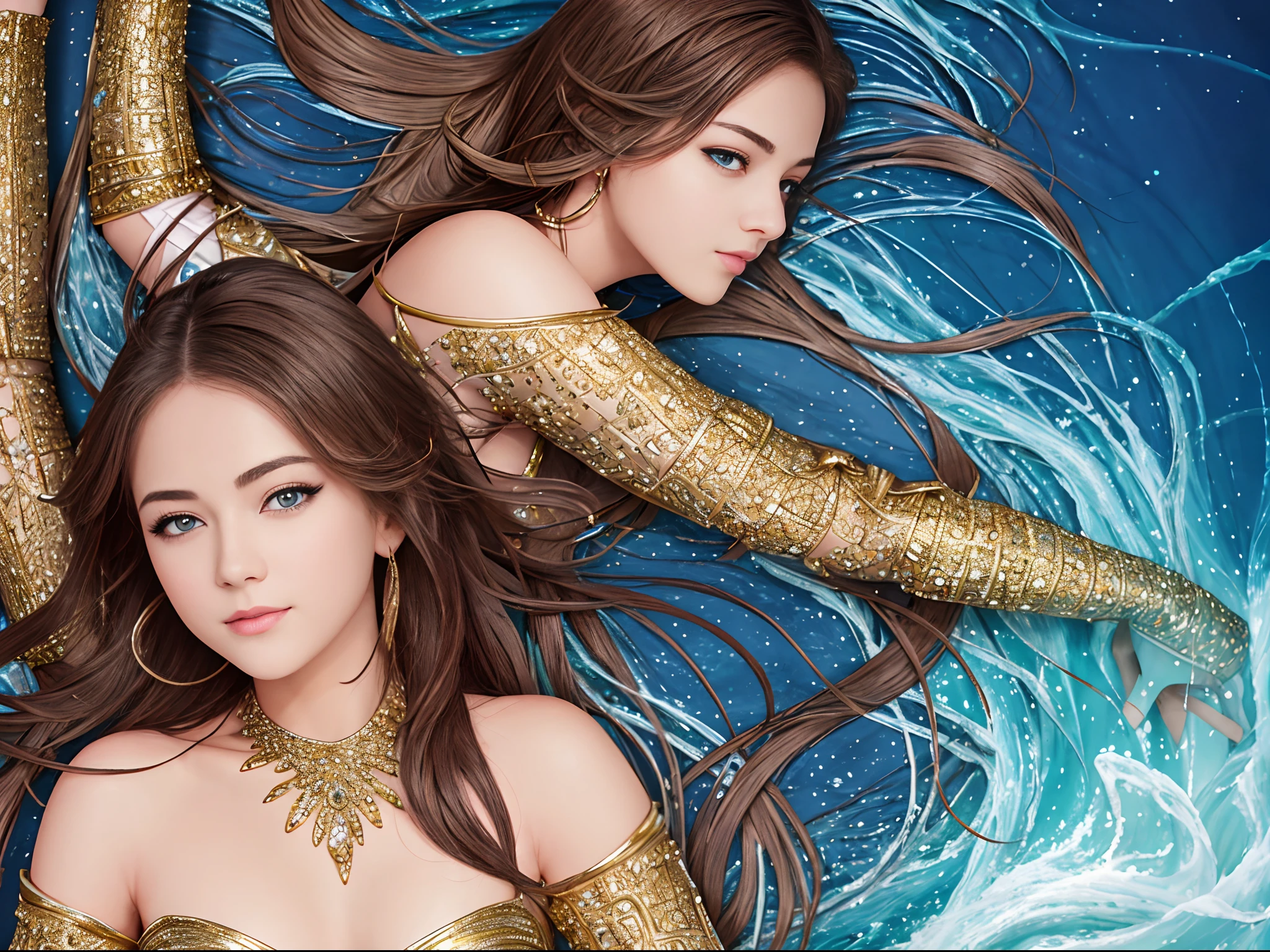 beautiful teen girls are fighting the big fish, full body, slim body, detailed and accurate depth of fields,8K, A high resolution, masterpiece, beautiful wallpapers, high quality, high detail, the perfect face, crystallineAI, fractal art, splash, yushui, river, fighting pose,