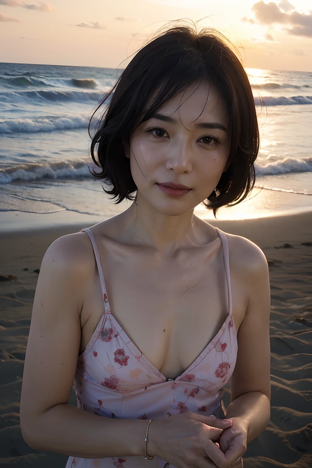 ((top-quality、8K、masterpiece:1.3))、Photorealsitic, foco nítido, high-level image quality, hight resolution, Portrait, Solo, japanes, Middle-aged woman, Beautie, A sexy, (NSFW:1.5),(nudde:1.3),Sex Objects,40 years old, (a small face:1.3), (heavy make up:1.1)、Smaller chest, Bob Hair, (wetting hair:1.2), (Wrinkles at the corners of the eyes:0.5), Honolulu Beach, in beach, Sunset,