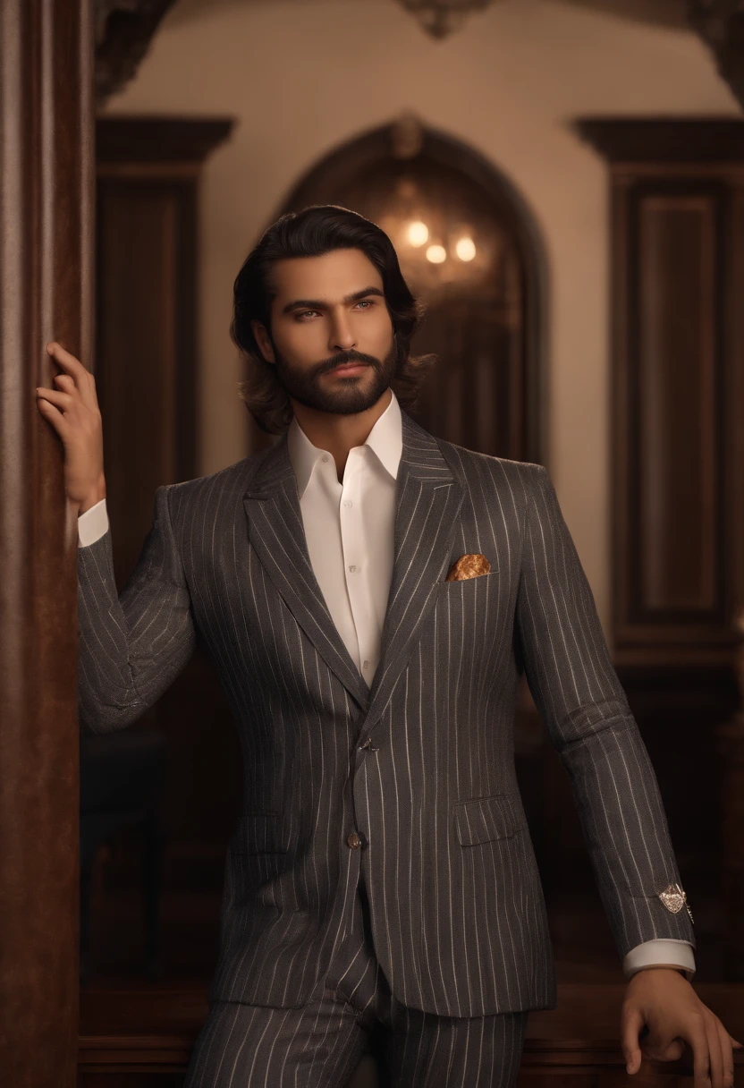 (extremely detailed CG unity 8k wallpaper), (surrealistic), (masterpiece), (best quality), (ultra-detailed), (best illustration), (best shadow), bedroom background, standing, BREAK, TMP, character standing with arm straight, dark hair (neck length hair tied in a ponytail), nice pose, handsome man, pretty face, Indian face, beard face, royal elegant pose, business man, (in a striped blazer), (The surrounding environment is a luxurious and classic living room) (sand-tone image)