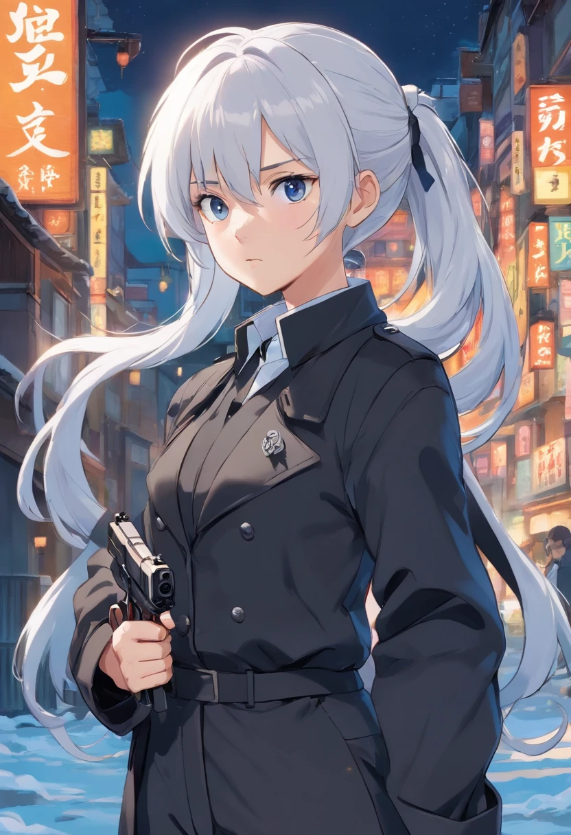 A young woman of  with white hair with black details like ponytail black eyes a white apocalypse style blouse with black coat a long gray pants with tired and angry look with a scar on the face a relaxed posture holding a white pistol with light blue details with ice power, a glove on his right hand