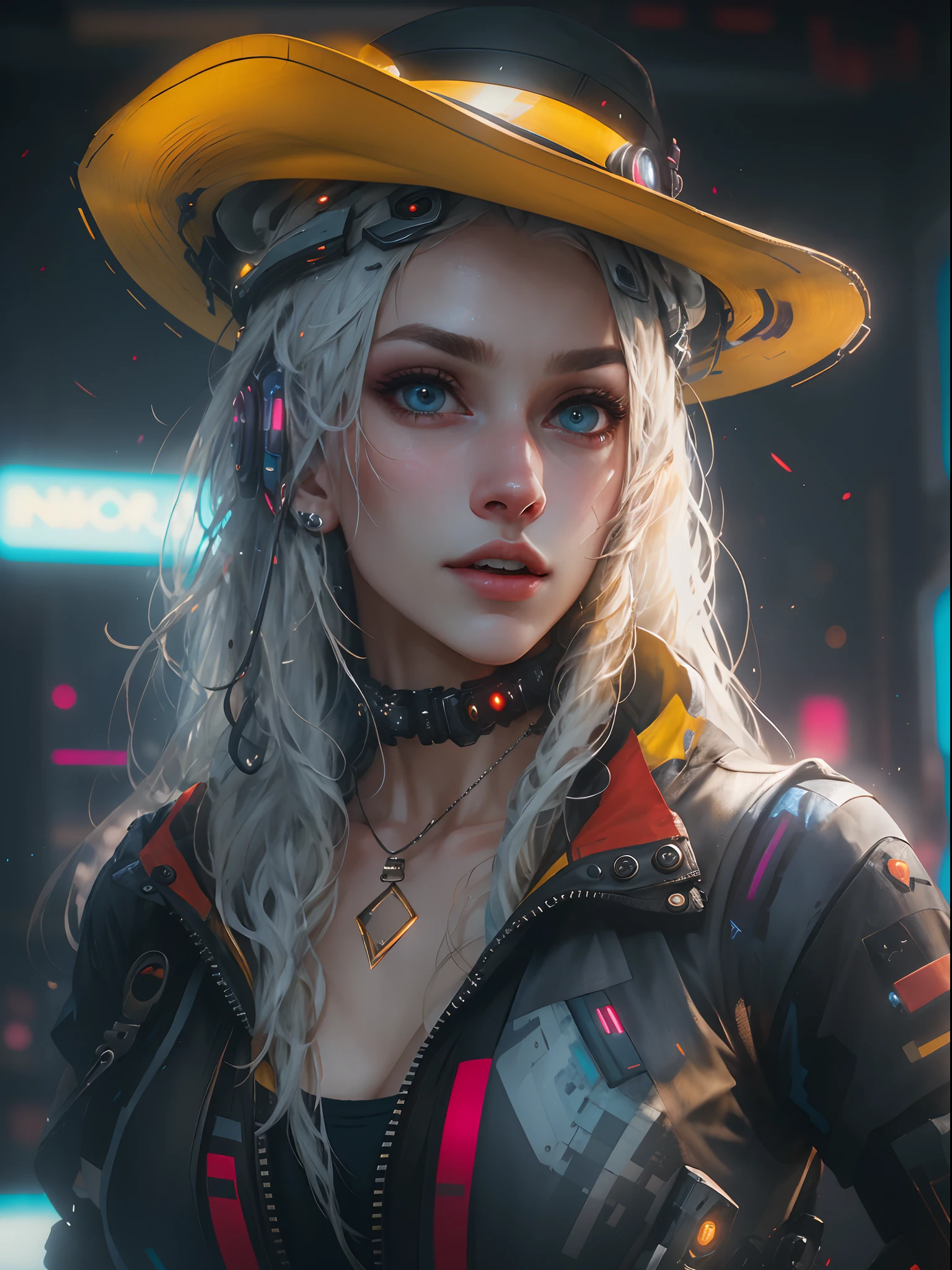 HighestQuali,tmasterpiece:1.2,Detailed details,4K,unreal-engine:1.4,Ultra-realistic 64K CG, Fotorrealista:1.4, Skin texture:1.4, tmasterpiece:1.4,cyber punk style,Beautiful woman in a hat,cowboys,long whitr hair、Yellow cyberpunk-style shorts, Red pantyhose , The miniskirt is blue,