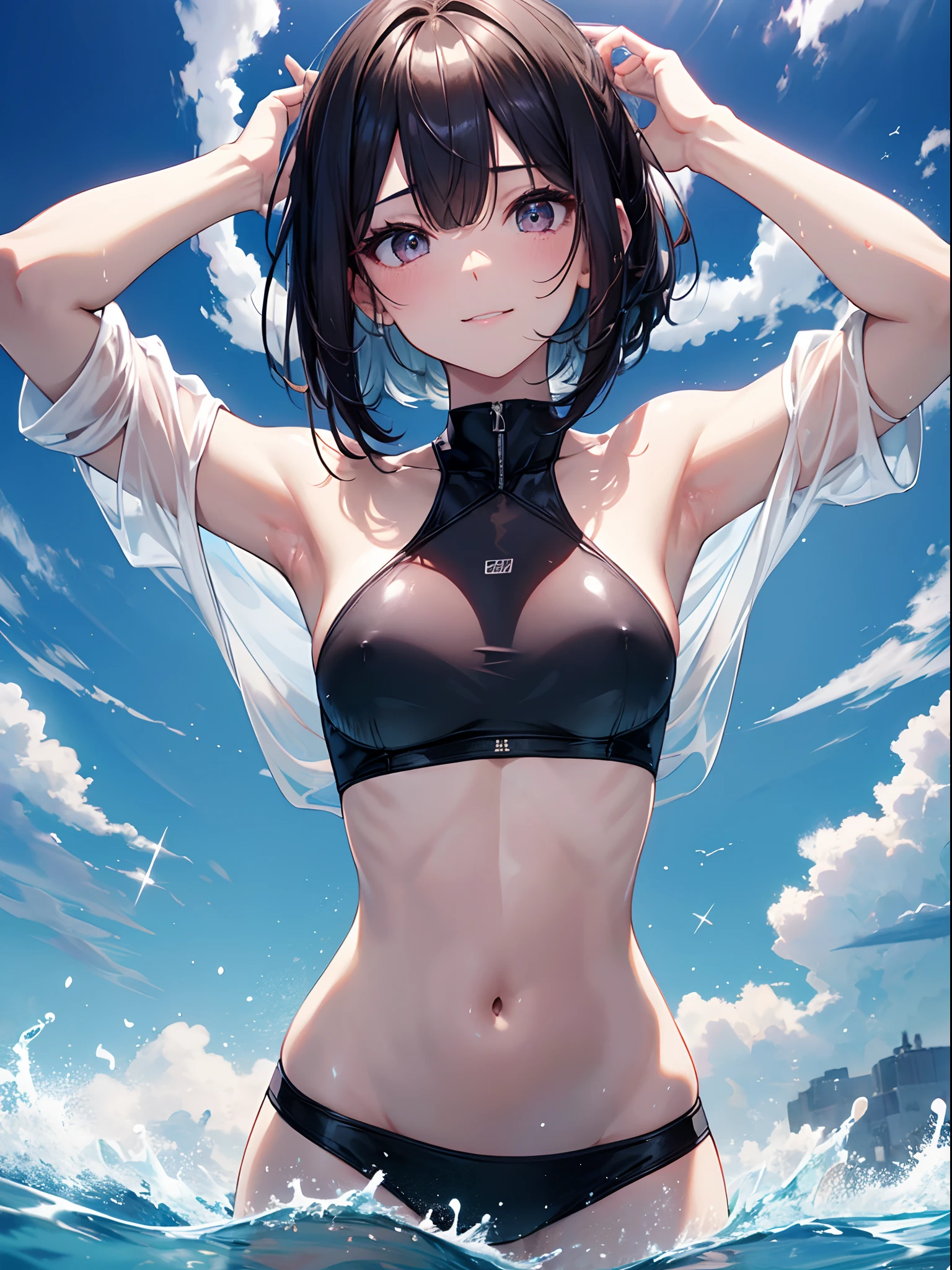 top-quality、8K、4K、hight resolution、1 pretty girl、((close range:1.3)),1 Beautiful Pale Girl,A smile、(A dark-haired,a short bob:1.3),wearing a swimming wear、swimming pools、Upper body is shown、(masutepiece:1.3), (8K, Best Quality),Beautiful face, Beautiful detailed eyes, Shiny skin,Glossy lips,Attractive, insanely detaileda,Crystal Clear Color,Perfect Anatomy