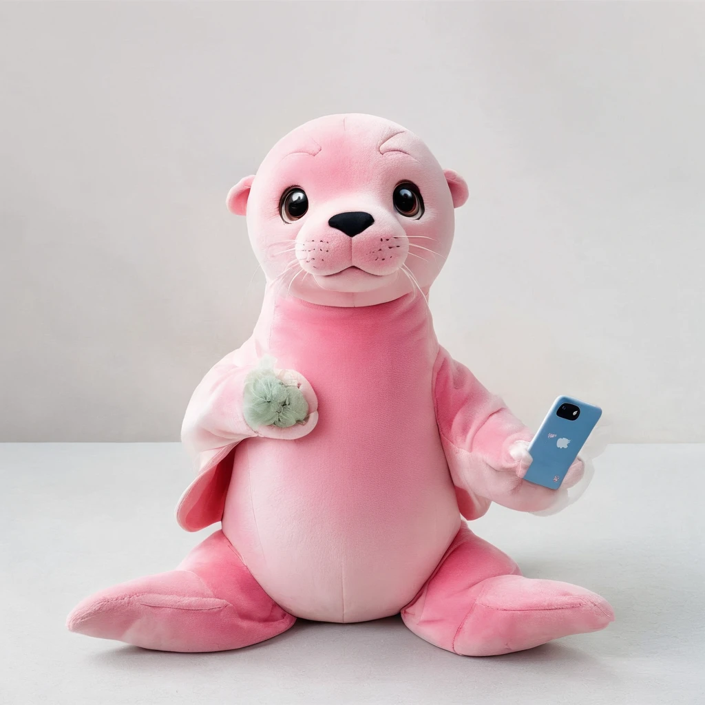 There is a photo of a sea lion on the phone, 3D precious moments of plush sea lions, Cute Womo stuffed sea lions,, stuffed doll, plushies, Pink sea lion, plushies, Official product image, cute toy, disney stylized furry, High quality material BSSRDF, kids toy
