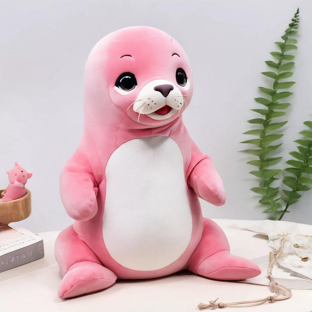 There is a photo of a sea lion on the phone, 3D precious moments of plush sea lions, Cute Womo stuffed sea lions,, stuffed doll, plushies, Pink sea lion, plushies, Official product image, cute toy, disney stylized furry, High quality material BSSRDF, kids toy