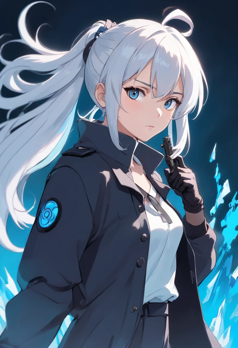 A young woman of with white hair with black details like ponytail black eyes a white apocalypse style blouse with black coat a long gray pants with tired and angry look with a scar on the face a relaxed posture holding a white pistol with light blue details with ice power, a glove on his right hand