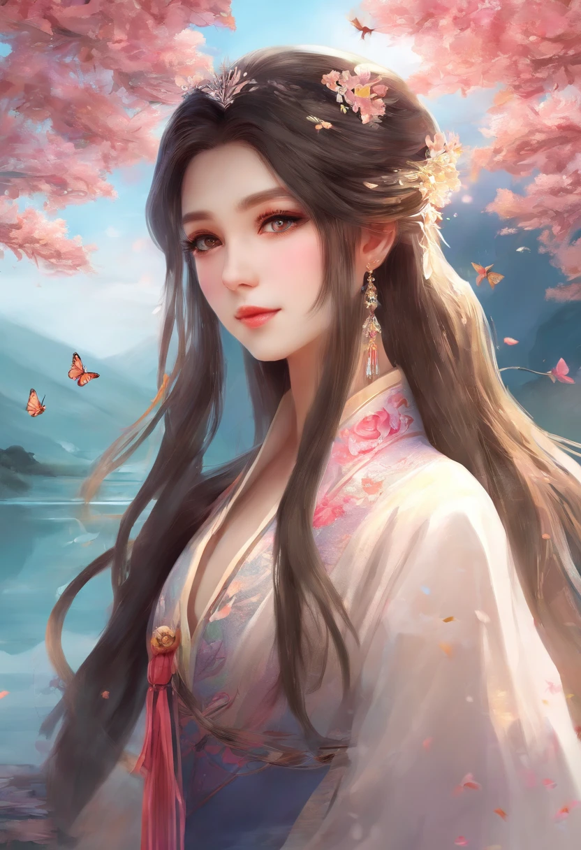 Best quality,(RAW photo:1.2),(Masterpiece:1.4),(Photorealistic:1.4),(A high resolution:1.4),
1girll, Long hair, Braid, Butterfly, Depth of field, From above,
hanami, Cherry blossoms, Lake, beautiful detailed water, Black hair, Long eyelashes,
PureErosFace_V1, Hanfu,
aespakarina,